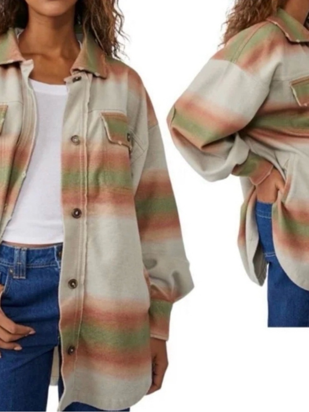 Free People Printed Ruby Shacket Oversized Cream with Green & Rust Stripes